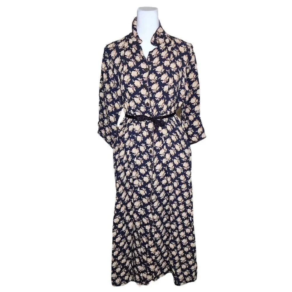 Vintage 90s April Cornell Maxi Shirt Dress Womens Size S Black Brown Grunge